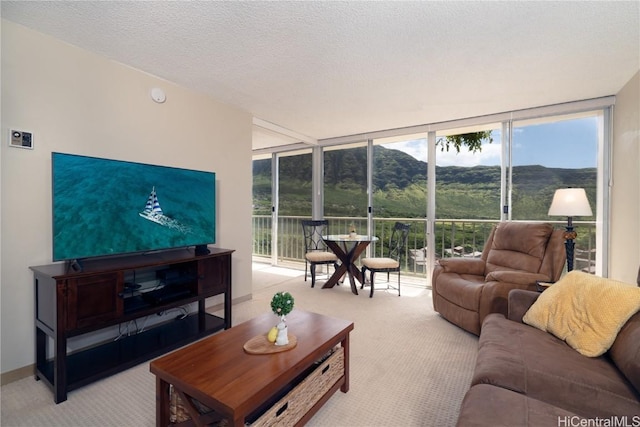 carpeted living area with baseboards, a wall of windows, and a textured ceiling