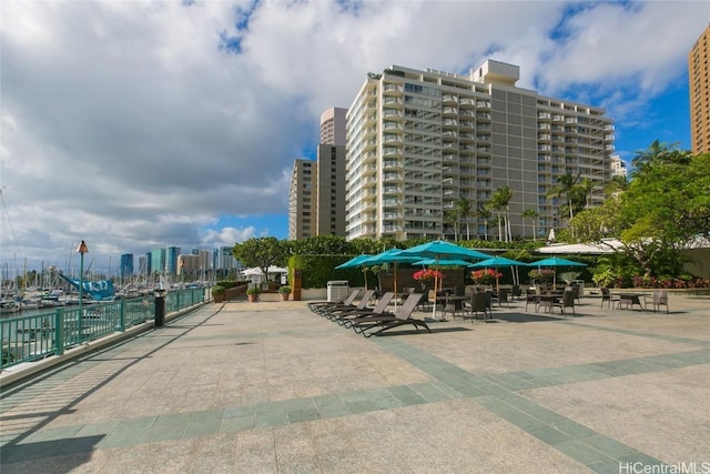 view of community with a patio