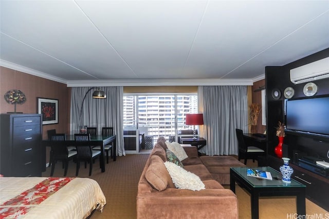 carpeted living area featuring a wall mounted air conditioner and crown molding