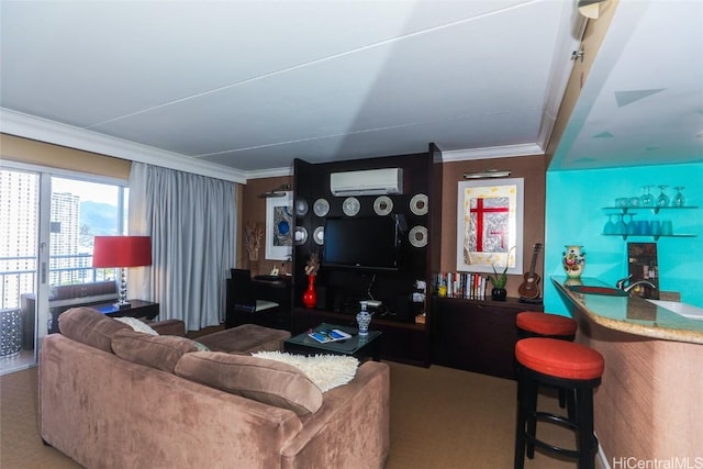 living area with carpet flooring, a wall unit AC, crown molding, and a bar