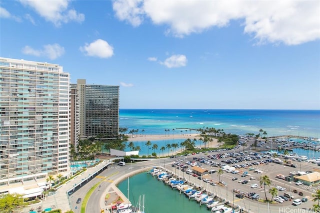 bird's eye view with a water view and a city view