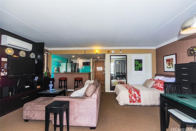 carpeted bedroom with fridge, ornamental molding, and a wall mounted AC