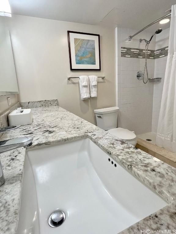 full bath featuring toilet, a shower stall, and vanity