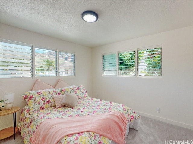 bedroom featuring carpet floors, baseboards, and a textured ceiling