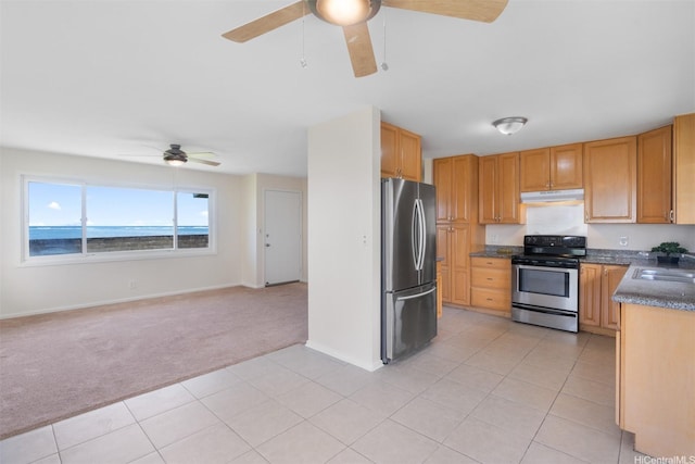 kitchen featuring under cabinet range hood, a ceiling fan, a sink, light colored carpet, and appliances with stainless steel finishes