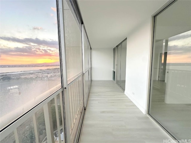 interior space with a water view and light wood finished floors