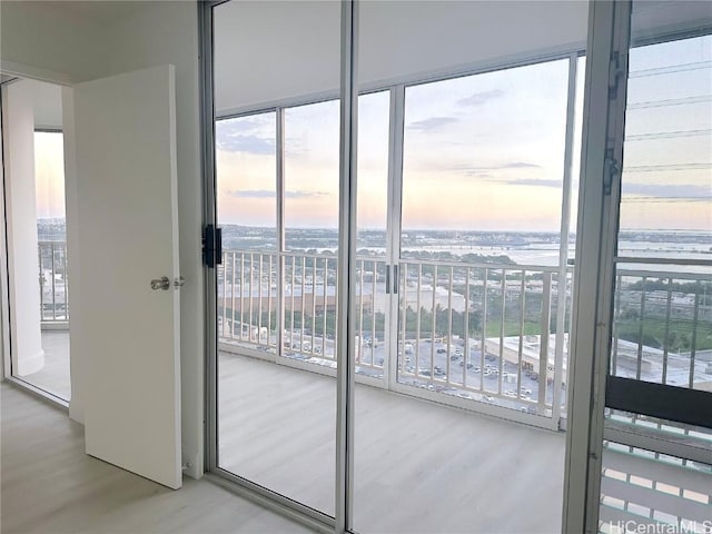 doorway to outside featuring a wall of windows and wood finished floors