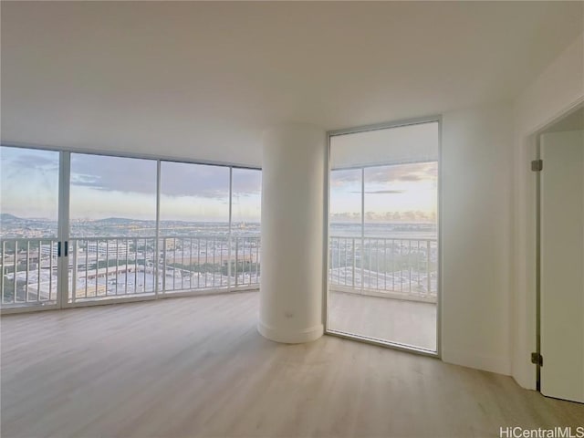 unfurnished room with wood finished floors and floor to ceiling windows