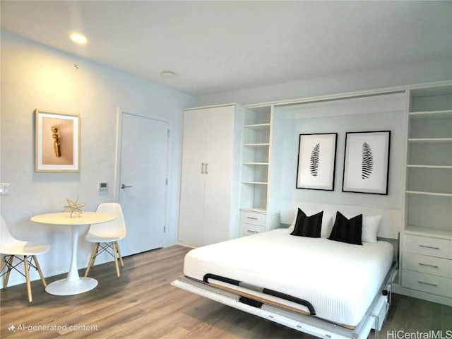 bedroom with recessed lighting, a closet, and wood finished floors