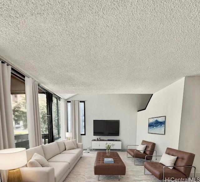 living area featuring a wall of windows and a textured ceiling