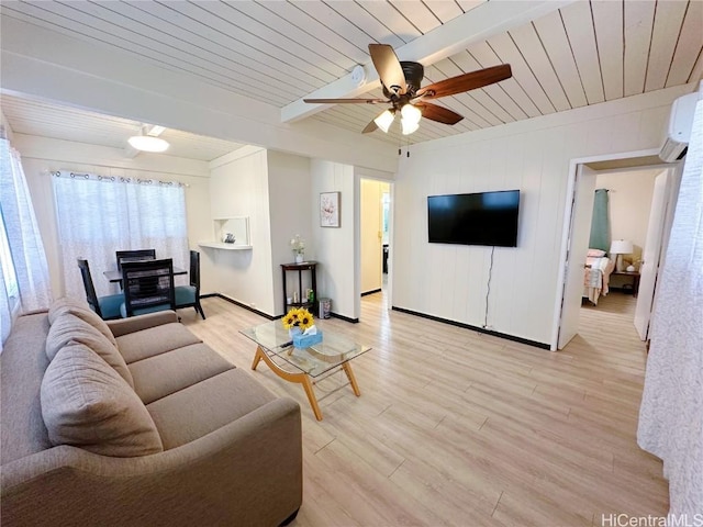 living room with wooden ceiling, a wall unit AC, beam ceiling, and light wood-style floors