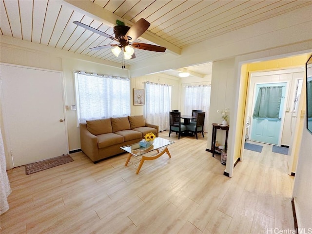 living area with wooden ceiling, light wood-style flooring, ceiling fan, and beamed ceiling