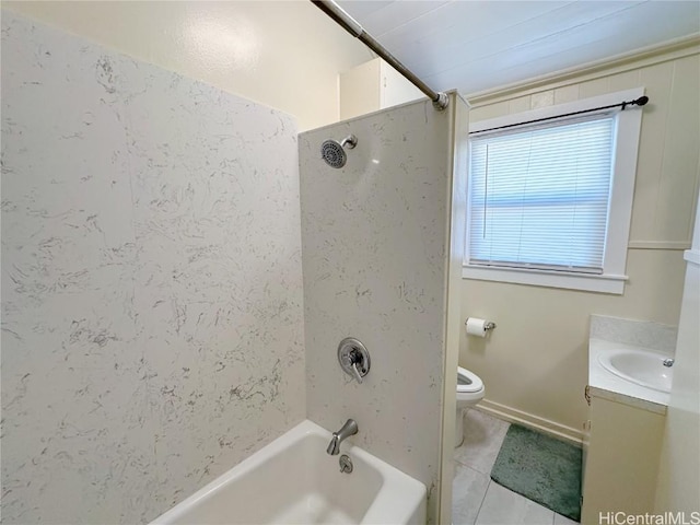 bathroom with toilet, shower / bath combination, tile patterned flooring, and vanity