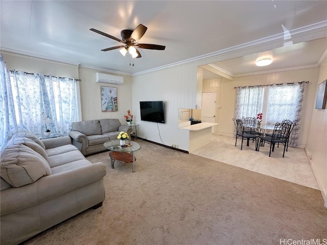 carpeted living area featuring ceiling fan, tile patterned floors, crown molding, and a wall mounted AC