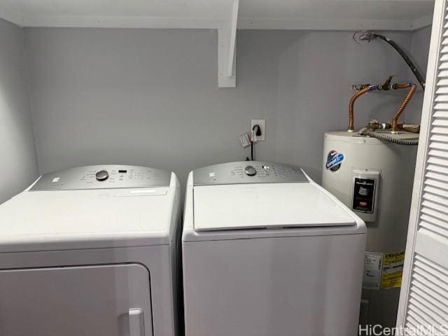 laundry area with independent washer and dryer, water heater, and laundry area