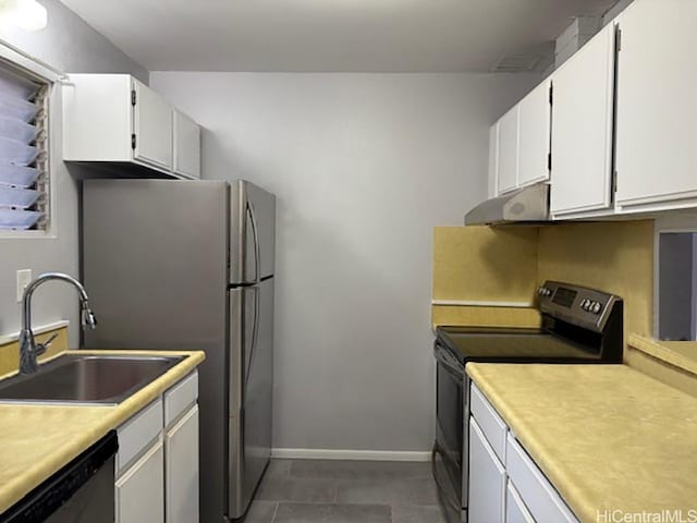 kitchen featuring dishwashing machine, a sink, black electric range, white cabinets, and under cabinet range hood