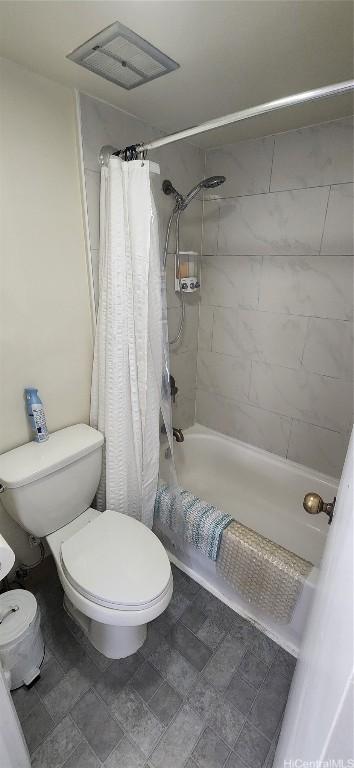 bathroom with toilet, shower / bathtub combination with curtain, and visible vents