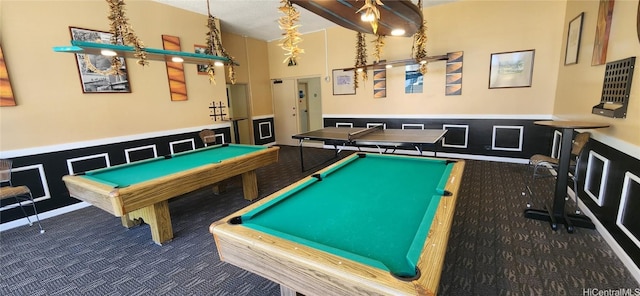 recreation room featuring pool table, a wainscoted wall, and carpet flooring