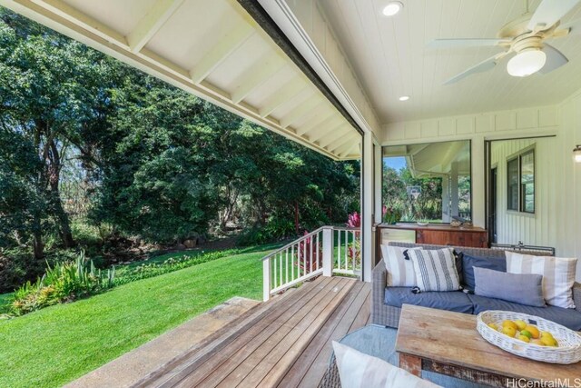 5395-B Loi Pl Unit 1, Koloa, HI 96756 - wooden terrace featuring an outdoor living space, a yard, and ceiling fan