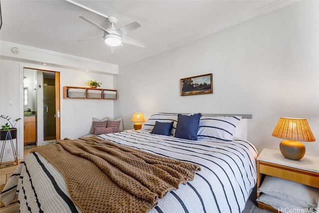 bedroom with a ceiling fan and crown molding