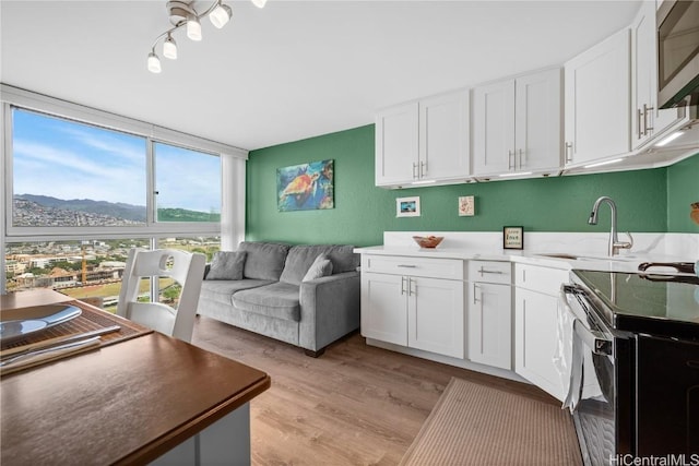 kitchen with stainless steel microwave, expansive windows, light wood-style floors, electric range, and white cabinetry