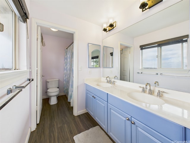 bathroom featuring a sink, baseboards, double vanity, and wood finished floors