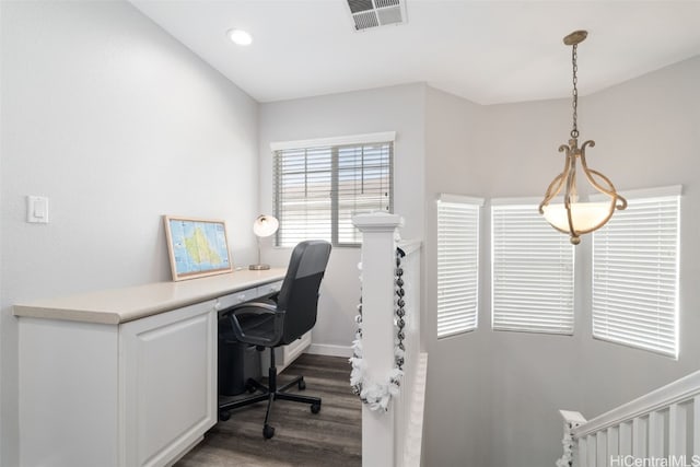 office with dark wood-type flooring, recessed lighting, visible vents, and baseboards