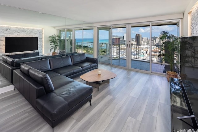 living room with a city view and wood finished floors