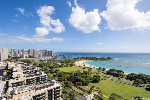 drone / aerial view with a city view and a water view