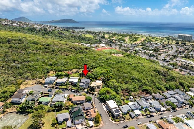 drone / aerial view featuring a water view