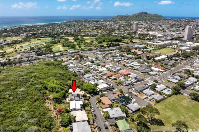 drone / aerial view with a water view