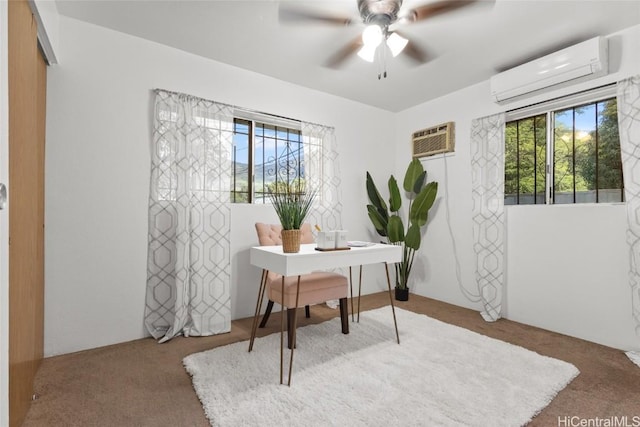 carpeted home office featuring a wall mounted air conditioner and ceiling fan