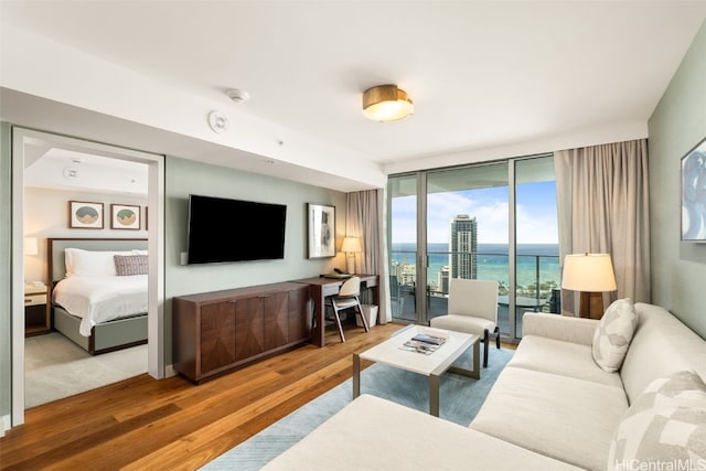 living area with floor to ceiling windows and wood finished floors