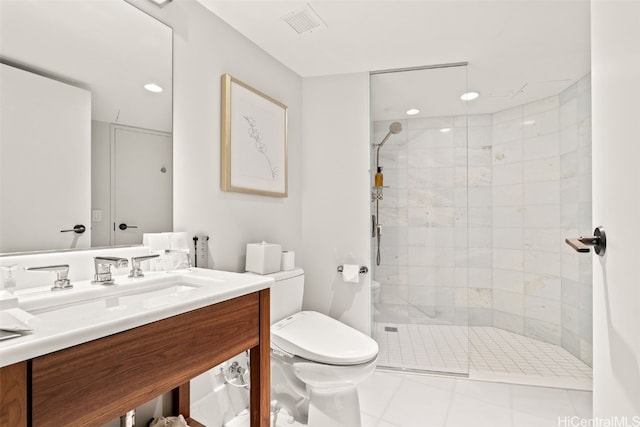 bathroom with recessed lighting, vanity, toilet, and a shower stall