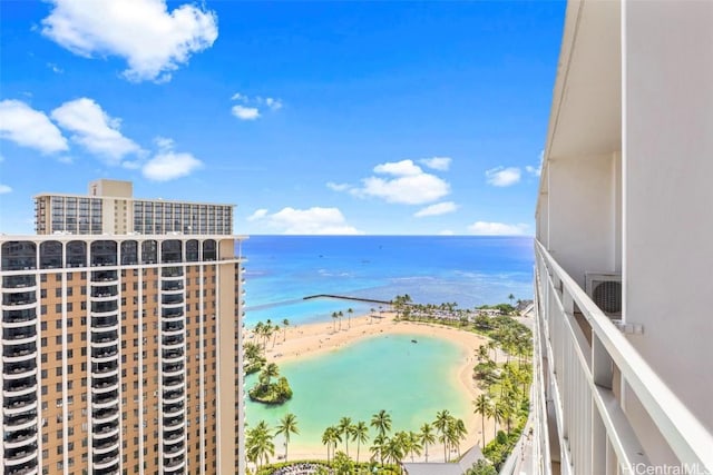 view of water feature with a beach view