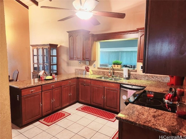 kitchen with electric range, dishwasher, a peninsula, a sink, and light tile patterned flooring