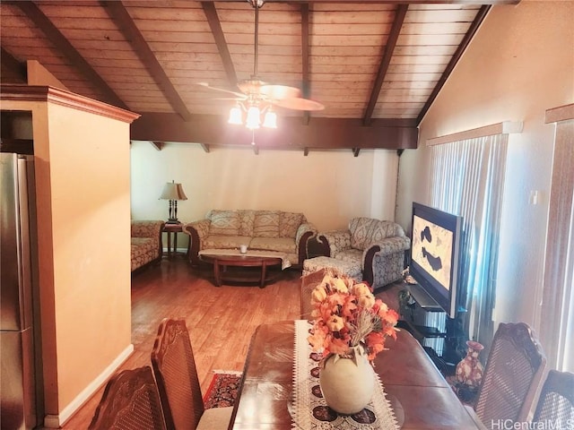 dining room with vaulted ceiling with beams, wooden ceiling, and wood finished floors