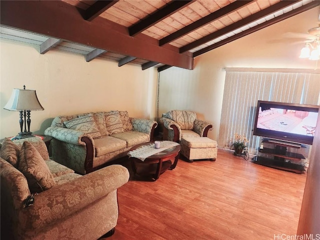 living room with lofted ceiling with beams, wood finished floors, wood ceiling, and a ceiling fan