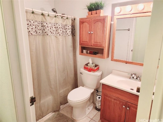 bathroom with vanity, shower / bath combination with curtain, tile patterned flooring, and toilet