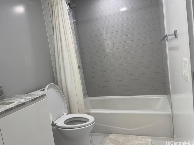 bathroom with toilet, marble finish floor, and shower / tub combo