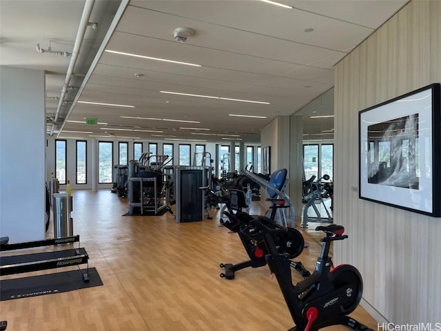 exercise room featuring wood finished floors