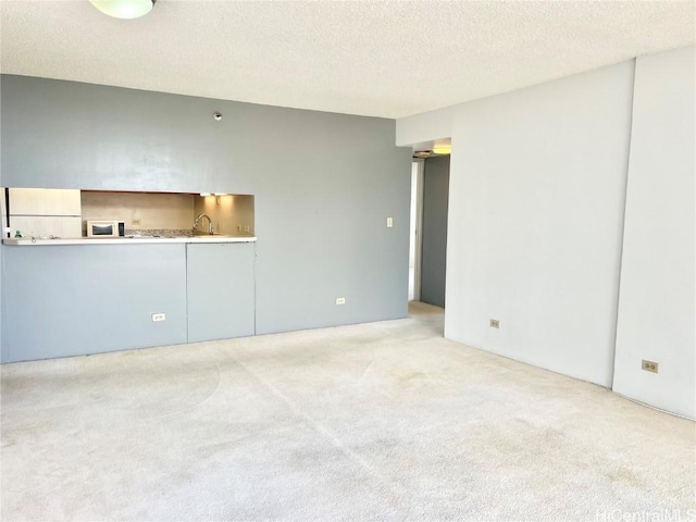 spare room featuring light colored carpet, a sink, and a textured ceiling