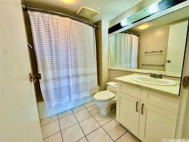 full bathroom featuring tile patterned flooring, toilet, shower / tub combo, vanity, and visible vents