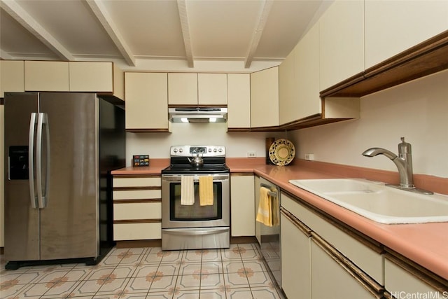 kitchen with beam ceiling, under cabinet range hood, a sink, cream cabinets, and appliances with stainless steel finishes