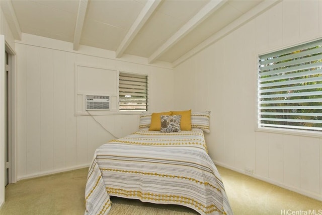 bedroom featuring light colored carpet and vaulted ceiling with beams