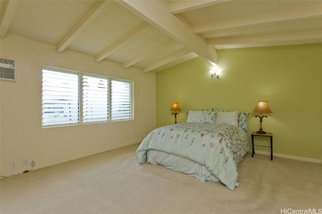 bedroom featuring vaulted ceiling with beams, a wall mounted AC, and carpet floors