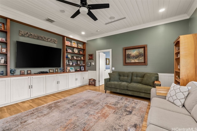 living room with visible vents, ornamental molding, light wood-style flooring, wooden ceiling, and ceiling fan