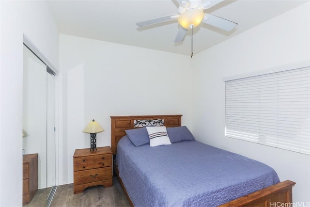 bedroom featuring a closet, ceiling fan, and wood finished floors