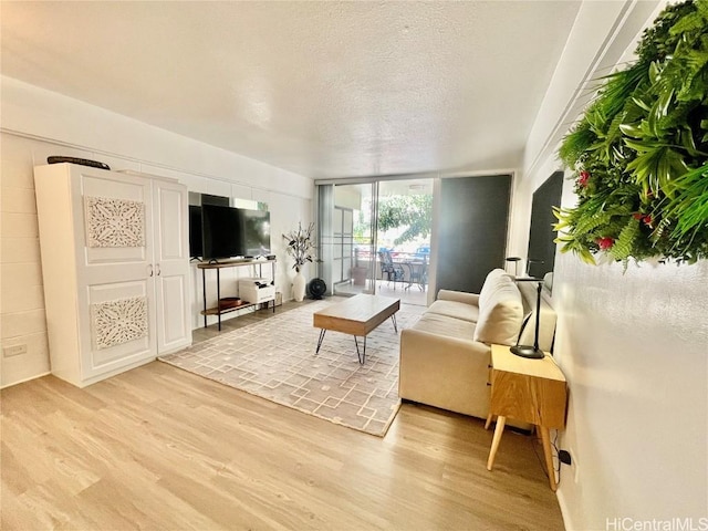 living area featuring expansive windows, light wood-style floors, and a textured ceiling