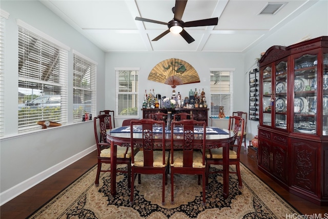 dining space with baseboards, visible vents, a ceiling fan, coffered ceiling, and wood finished floors